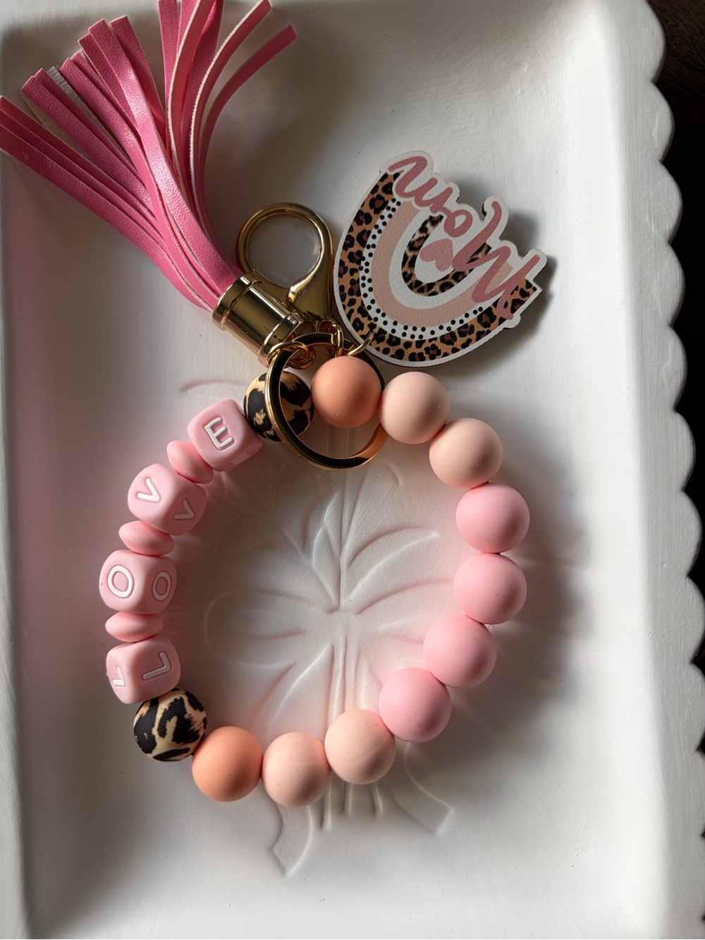 Pink 'Love' Beaded Tassel Keychain Wristlet